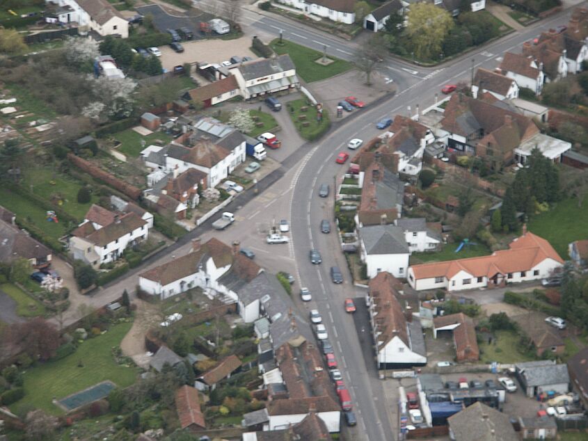 Photograph of Hunsdon village center taken from an aeroplane
