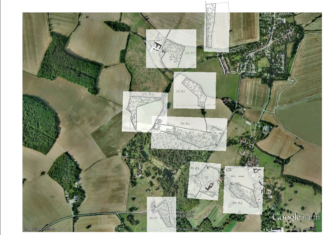 Location of structures associated with RAF Hunsdon overlaid on recent aerial photograph