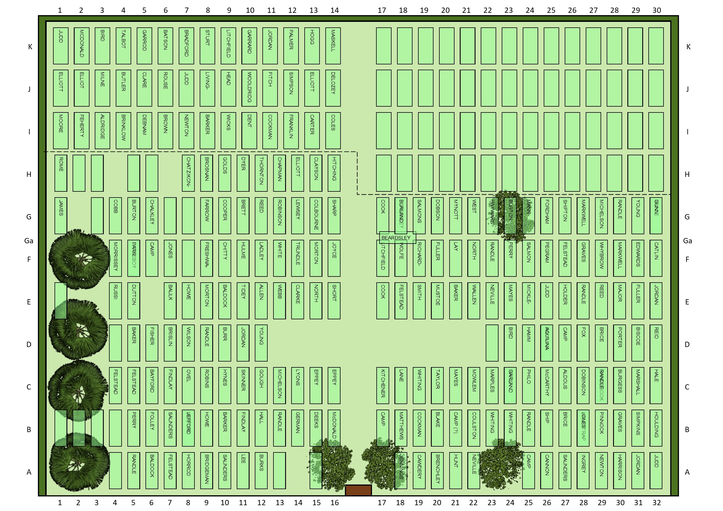 Plan of lower churchyard at St Dunstan's showing rows and columns of burial plots