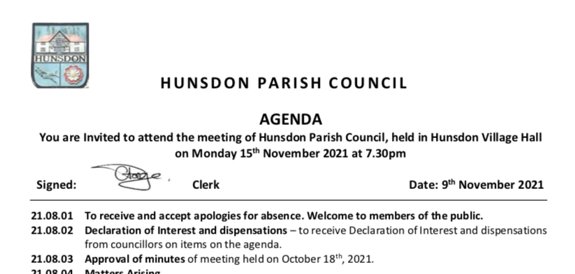Hunsdon Parish Council - Meeting Agenda - November 2021