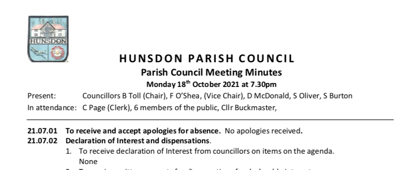 Hunsdon Parish Council - October 2021 minutes