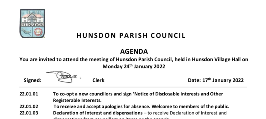 Hunsdon Parish Council Agenda January 2022