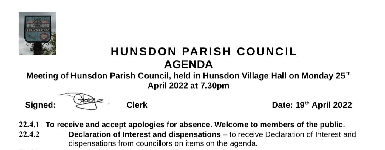 Hunsdon Parish Council - Meeting Agenda April 2022
