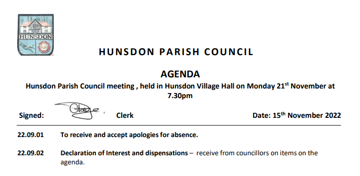Hunsdon Parish Council meeting agenda - November 2022