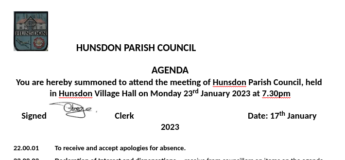 Hunsdon Parish Council - January 2023 Meeting Agenda