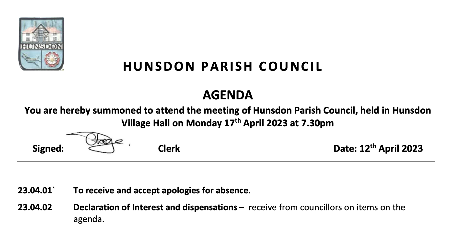Hunsdon Parish Council agenda april 2023