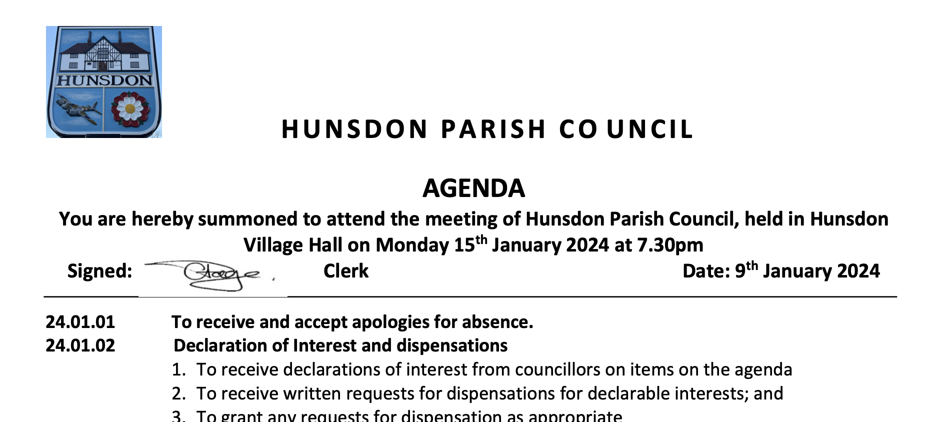 Hunsdon Parish Council meeting agenda January 2024